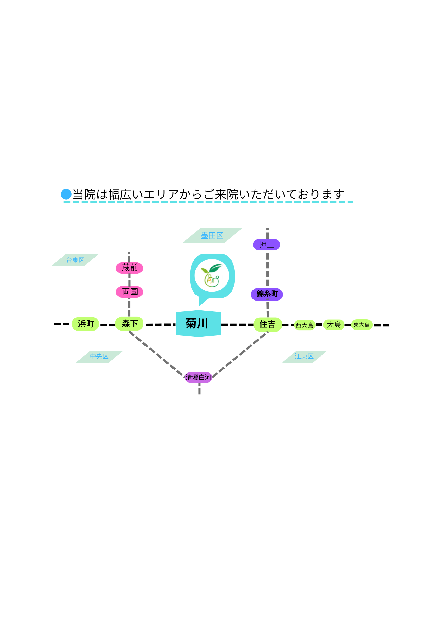 墨田区菊川、墨田区立川、墨田区江東橋、江東区森下、江東区住吉、江東区猿江、はもちろんですが、都営新宿線の近隣駅である住吉、西大島、大島、東大島、森下、浜町、都営大江戸線の両国、蔵前、東京メトロ半蔵門線の清澄白河、錦糸町、押上、からも診察や内視鏡検査(胃カメラ・大腸カメラ)受診目的でご来院していただいております。また、墨田区千歳、墨田区両国、墨田区亀沢、江東区深川、江東区白河、江東区扇橋、江東区千田